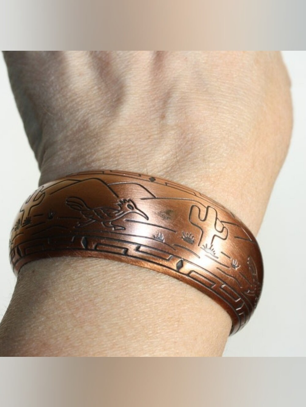 Vintage Etched Copper Cuff Bracelet RoadRunner Cactus Southwestern